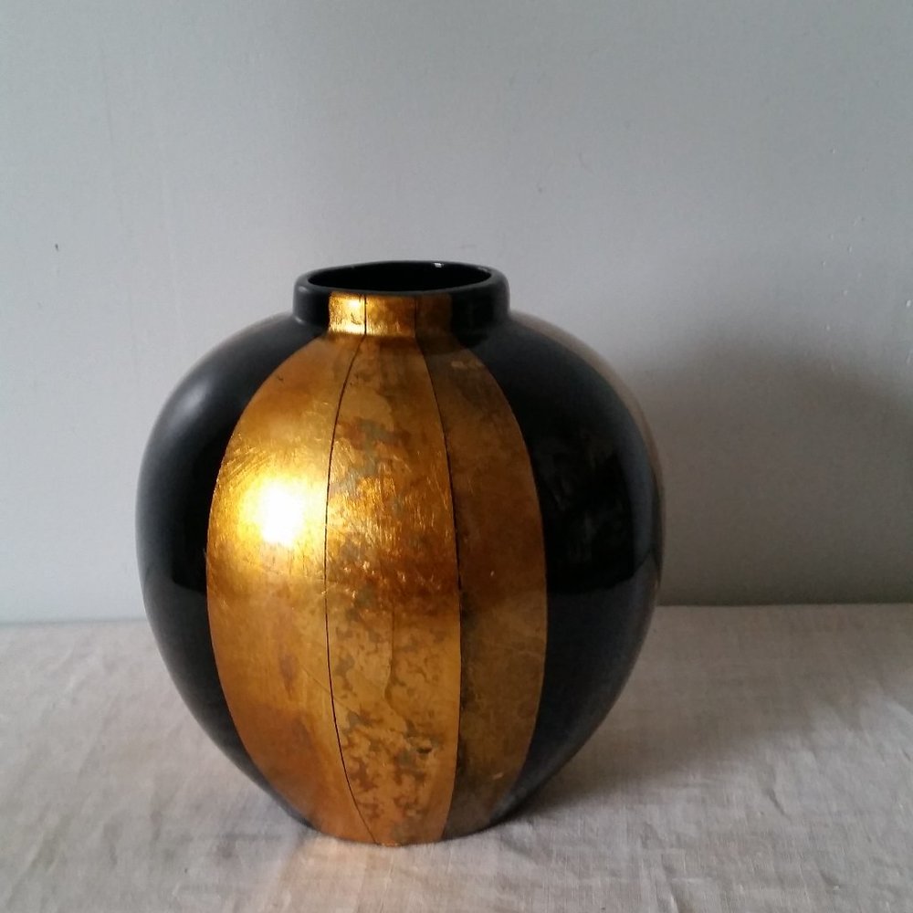 Vintage Art Glass Black & Gold Ball Vase
